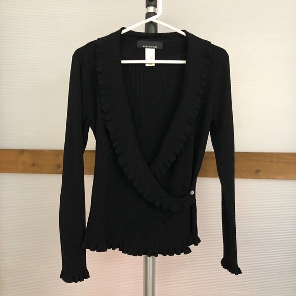 JONES‎ NEW YORK Black Faux Wrap V-Neck Ruffle Ribbed Knit Sweater Sz S - Picture 1 of 8